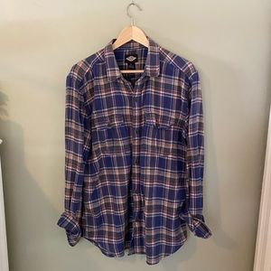Blue, Red, and Beige Flannel Shirt